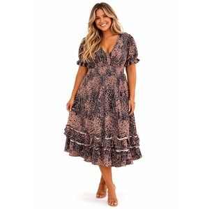 Hutch Adelia Leopard Ruffle Midi Dress Brown Black Animal 1X Plus